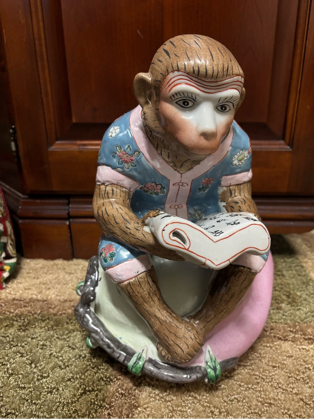Hand-Painted Ceramic Monkey Figurine in Blue and Pink